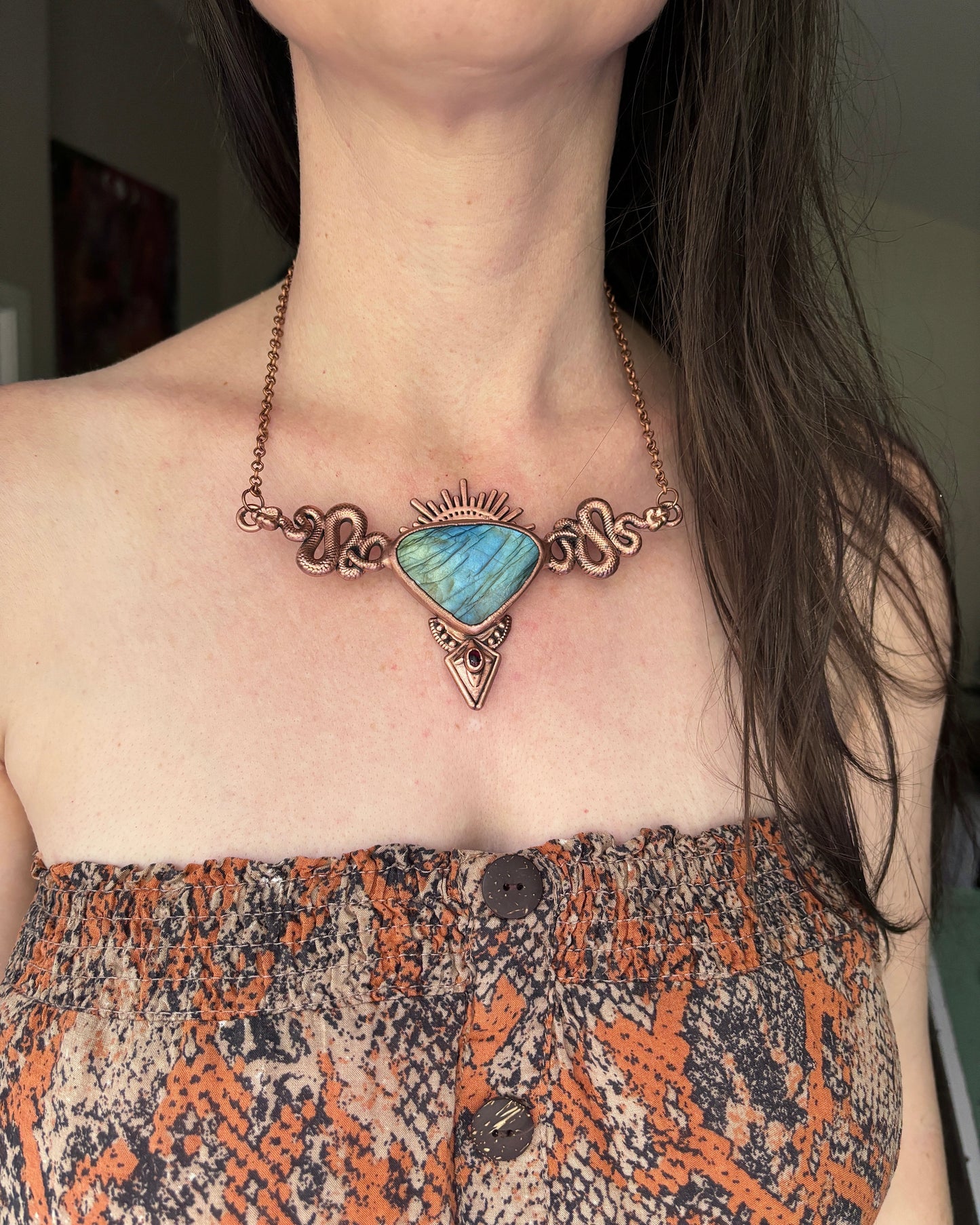 Labradorite Snake Tribal Chest Plate Necklace- Copper Electroformed