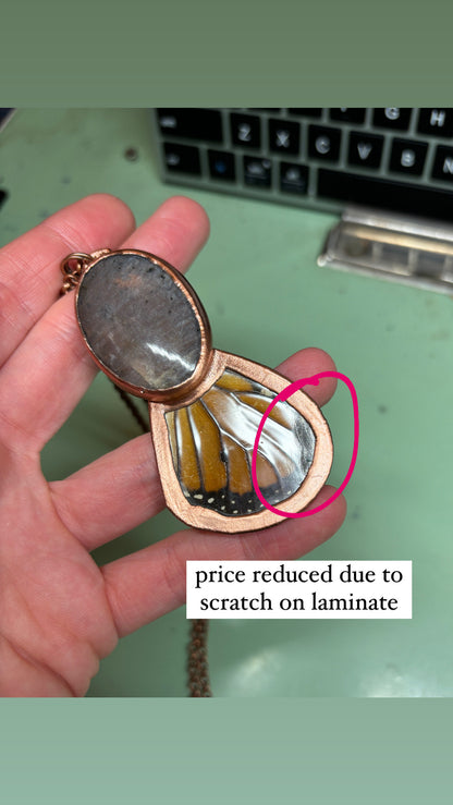 REAL Monarch Butterfly Wing Pendant with sunstone / Moonstone - Electroformed