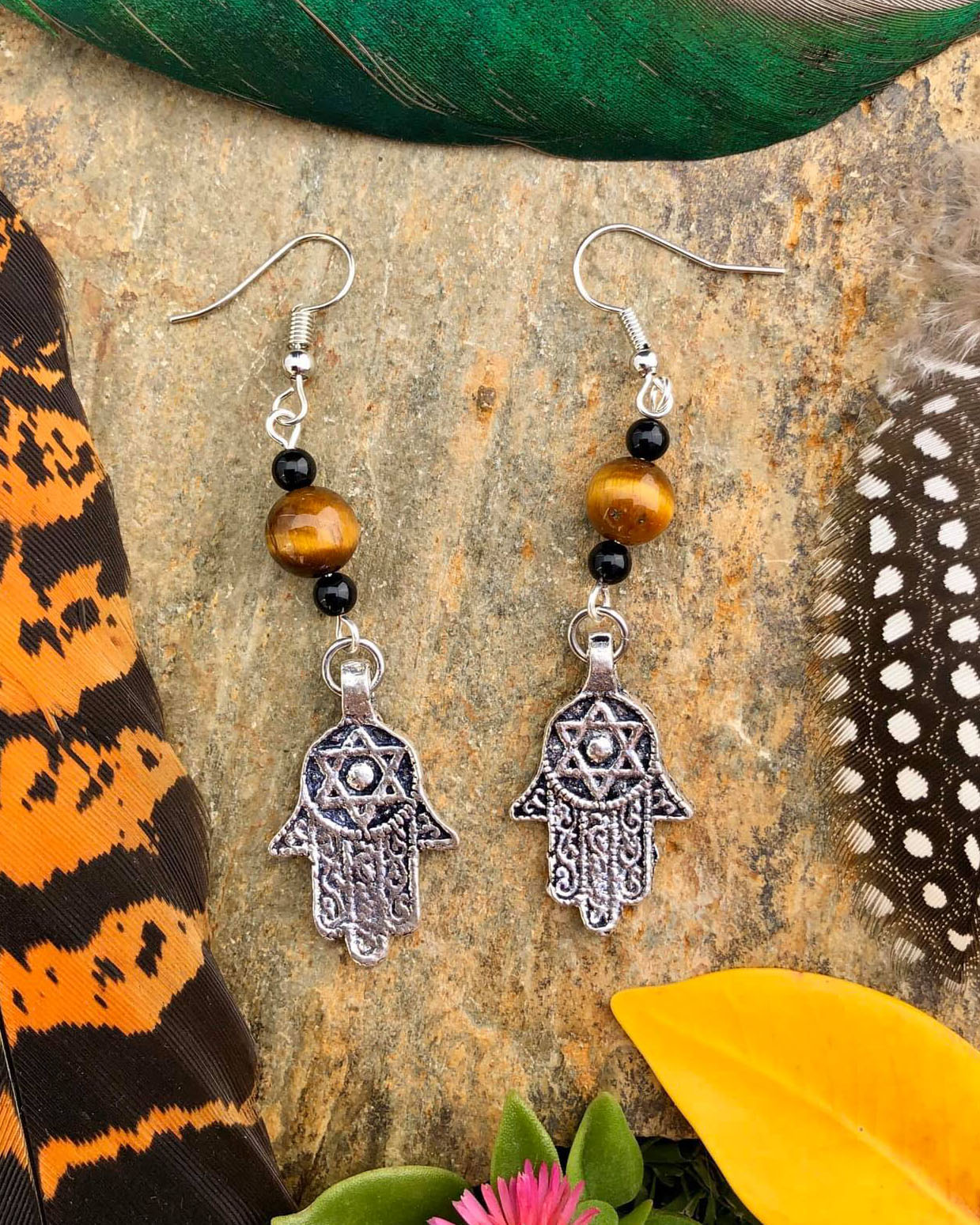 Hamsa & Tiger Eye Earrings