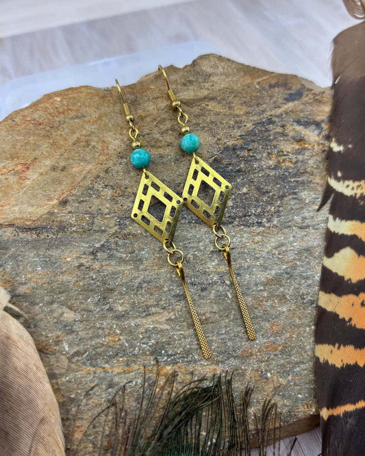 Amazonite Diamond Brass Earrings