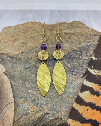 Amethyst Marquise Brass Drop Earrings