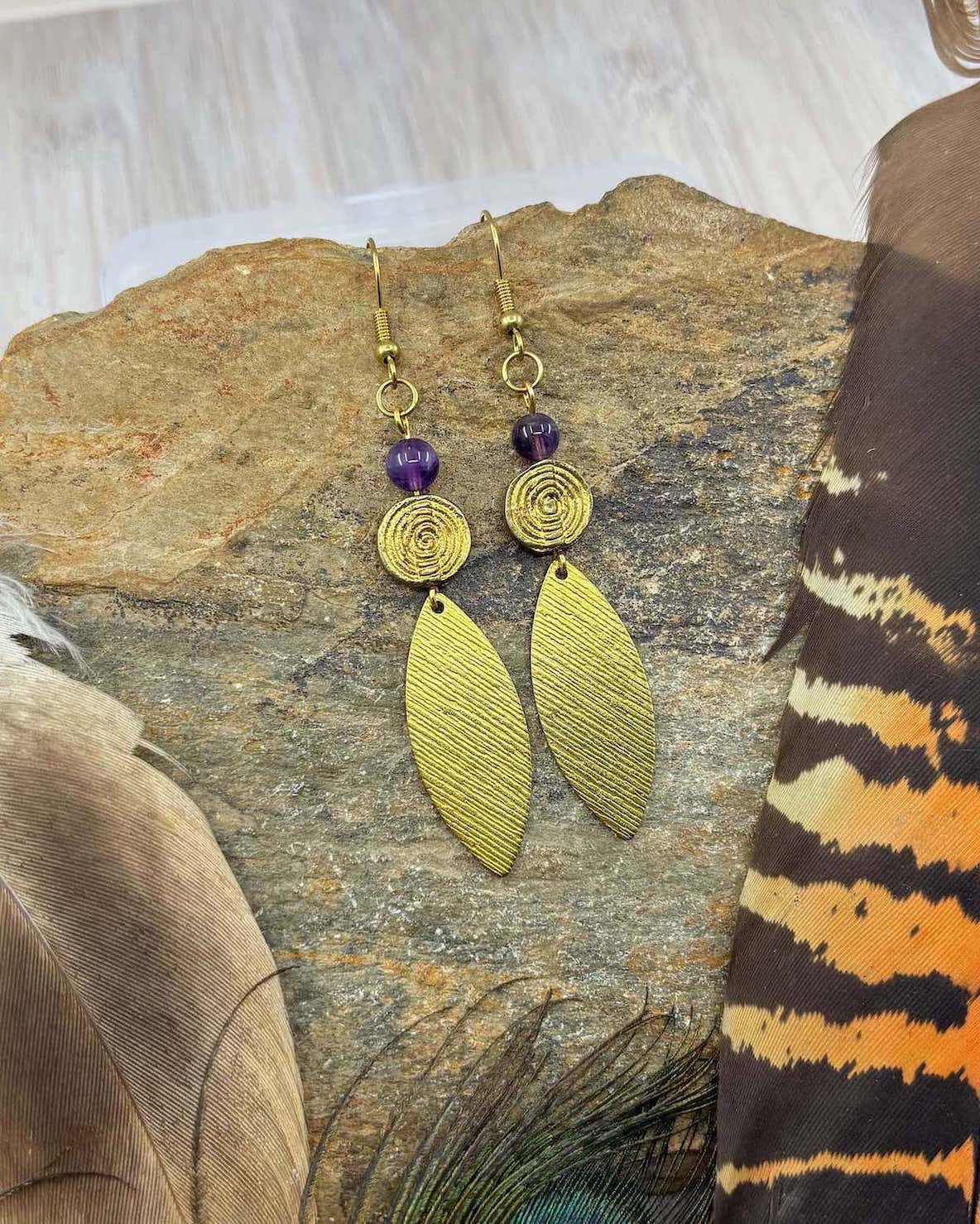 Amethyst Marquise Brass Drop Earrings