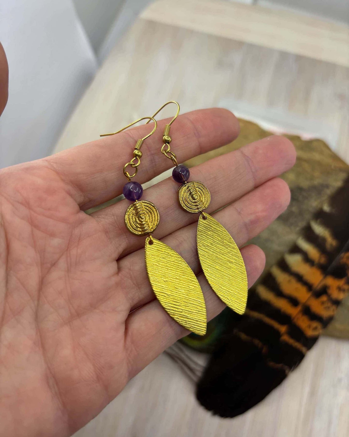 Amethyst Marquise Brass Drop Earrings