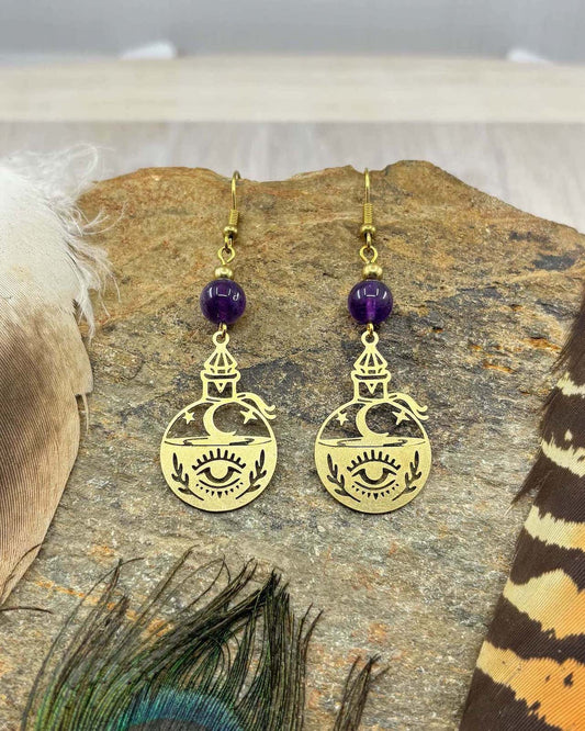 Amethyst Potion Bottle Brass Earrings