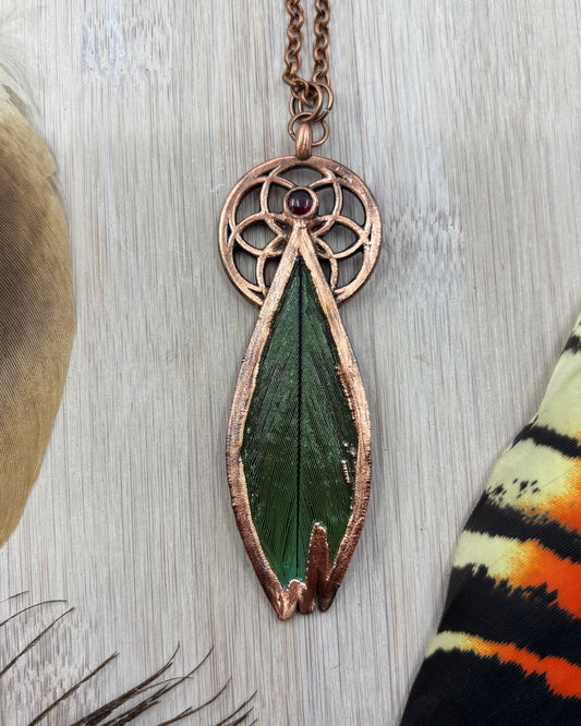 Seed Of Life with Garnet - Green Feather Copper Necklace