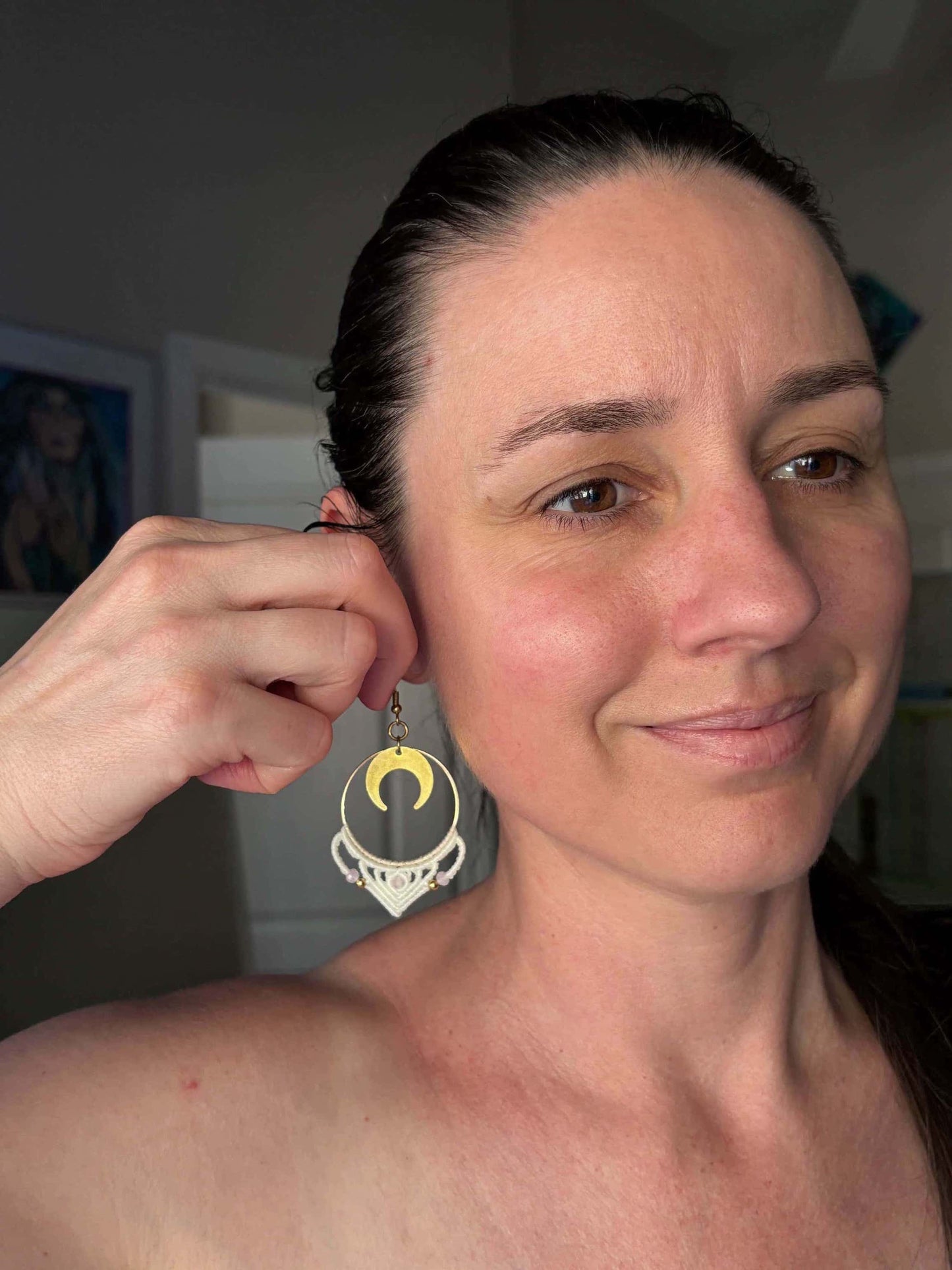 Big Macrame Crescent Moon Hoop Earrings - Made To Order