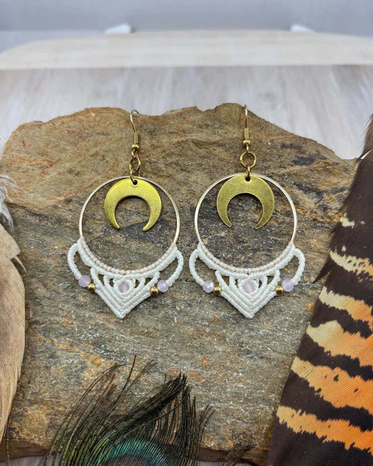 Big Macrame Crescent Moon Hoop Earrings - Made To Order