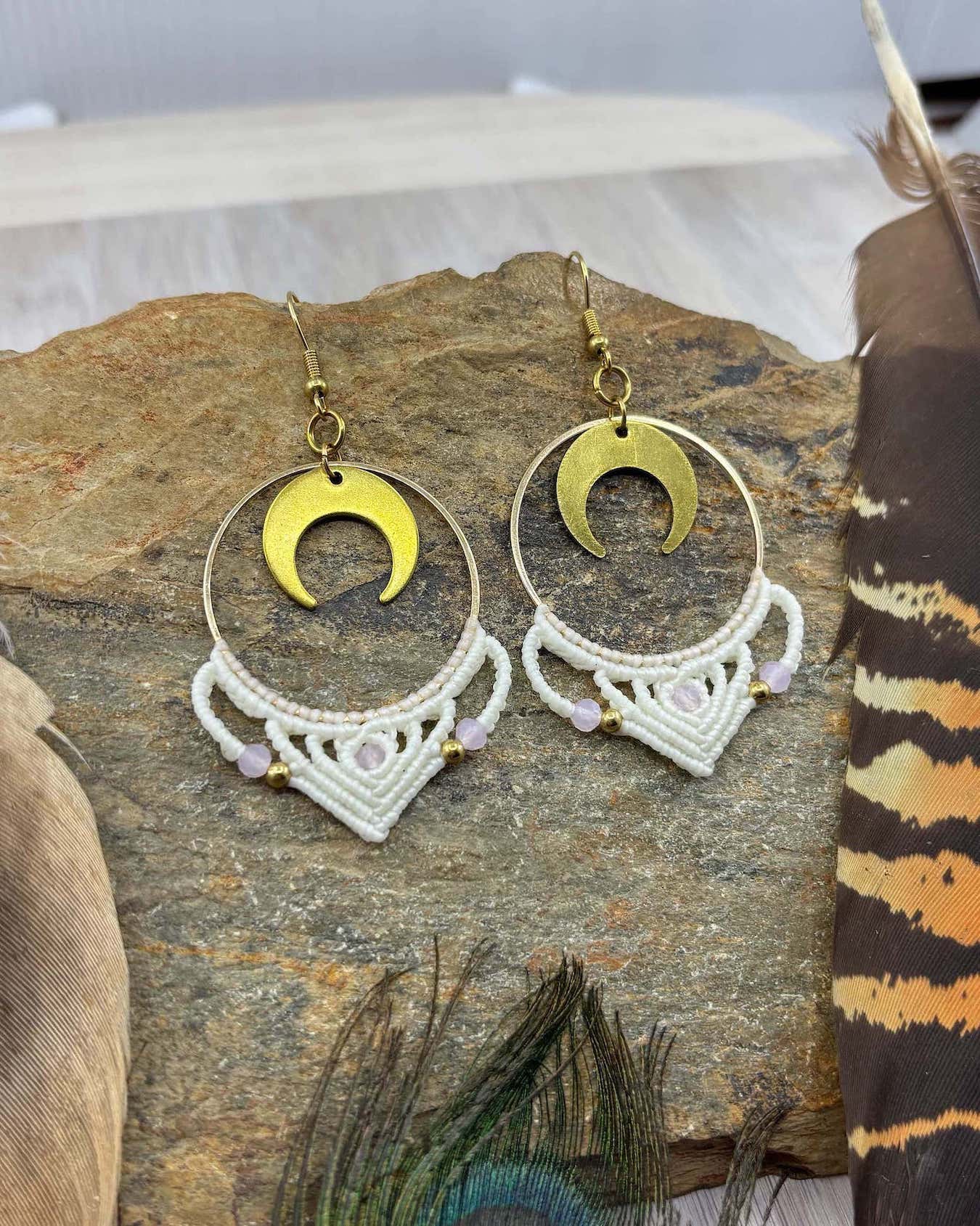 Big Macrame Crescent Moon Hoop Earrings - Made To Order