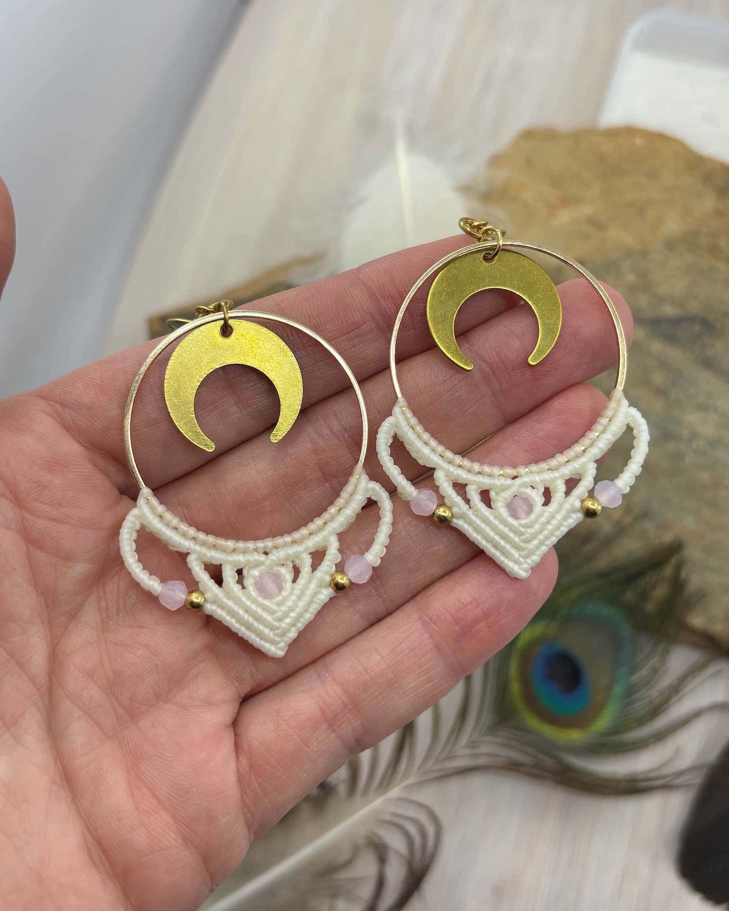 Big Macrame Crescent Moon Hoop Earrings - Made To Order