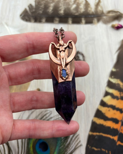 Moon Goddess Pendant with Amethyst Point & Rough Opal - Copper Electroformed