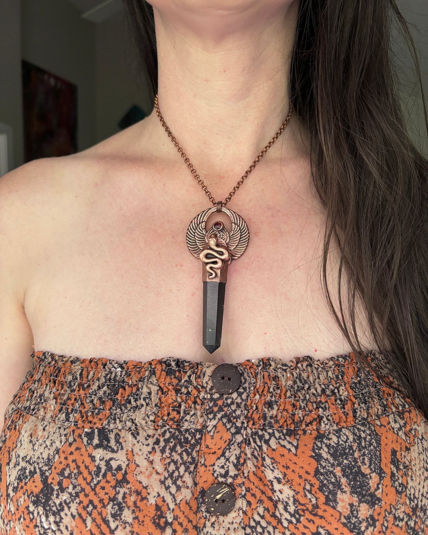 Egyptian Scarab Beetle & Snake with Black Tourmaline & Garnet - Copper Electroformed