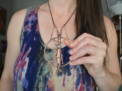 REAL Stick Insect Pendant With Triangle Labradorite - Copper Electroformed