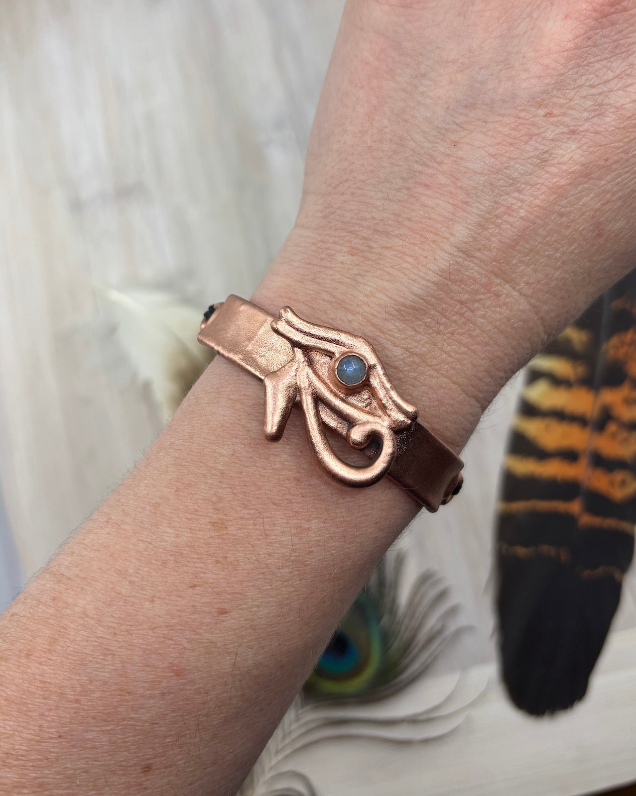 Eye Of Horus Rainbow Moonstone Copper Bracelet