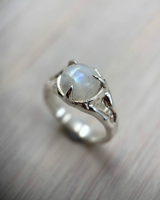 Rainbow Moonstone Sterling Silver Textured Ring - size  7.25 US
