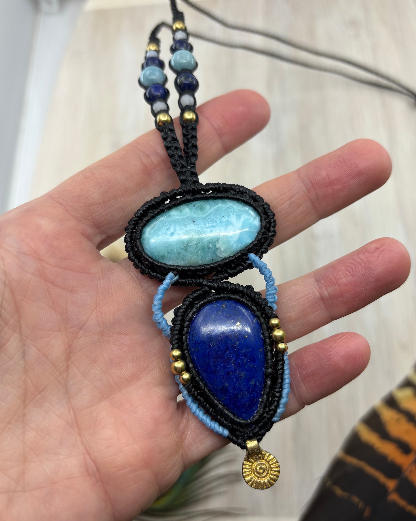 Lapis Lazuli and Larimar Macrame Amulet Pendant