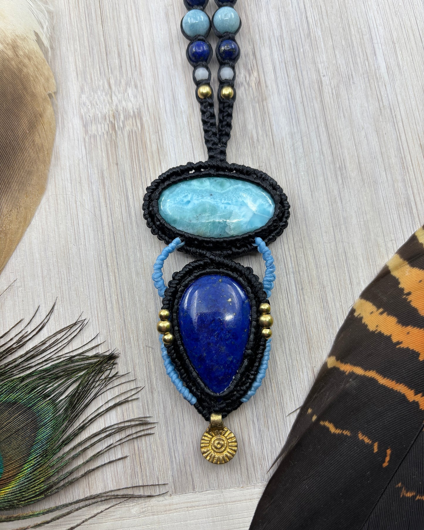 Lapis Lazuli and Larimar Macrame Amulet Pendant