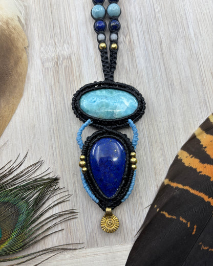 Lapis Lazuli and Larimar Macrame Amulet Pendant