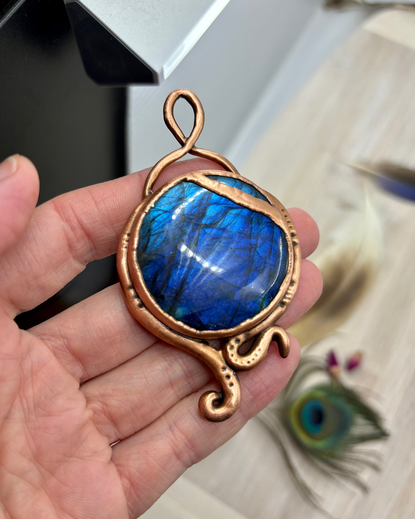 Blue Labradorite Swirly Pendant - Copper Electroformed