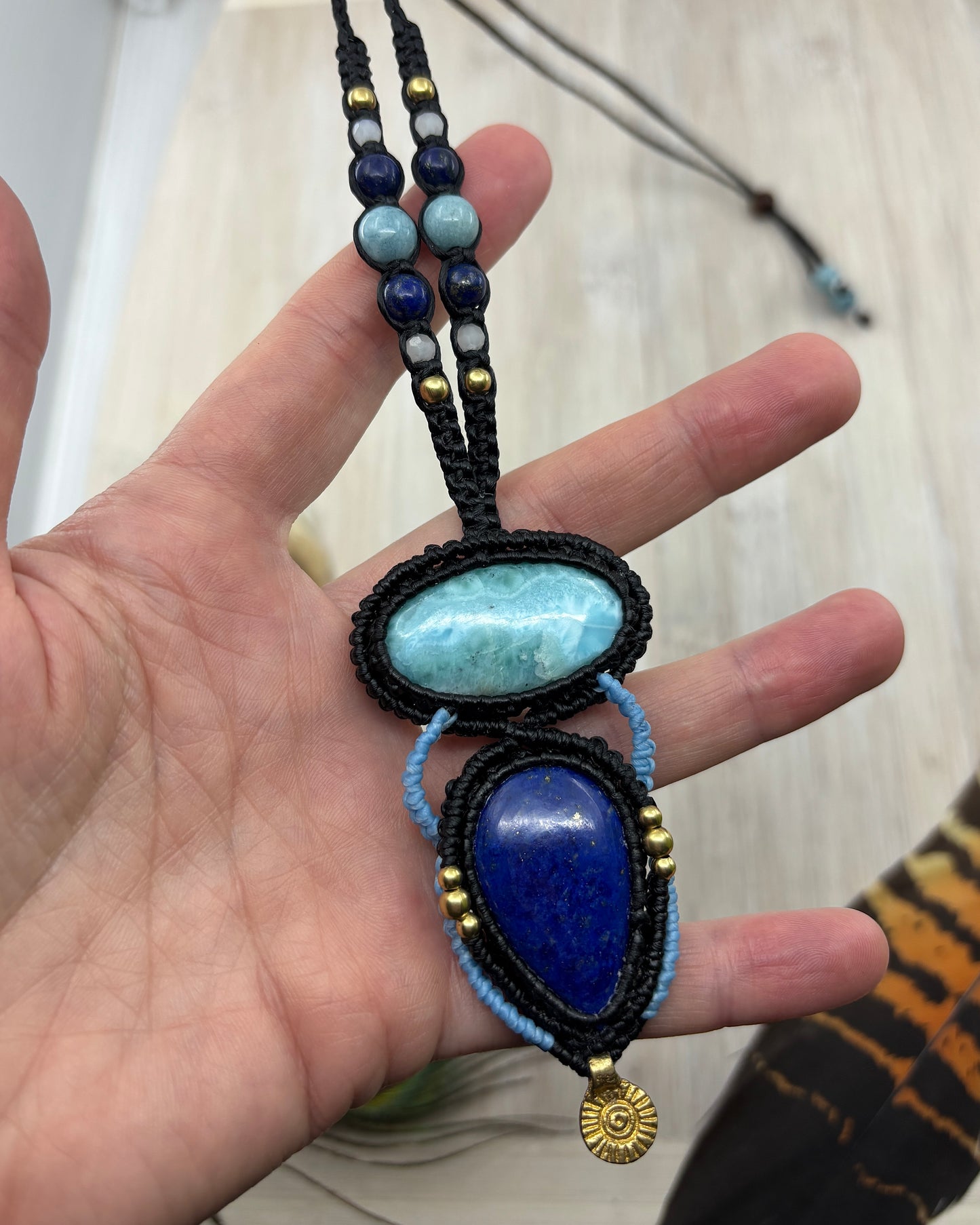 Lapis Lazuli and Larimar Macrame Amulet Pendant