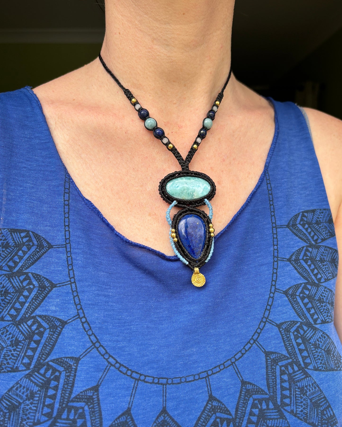 Lapis Lazuli and Larimar Macrame Amulet Pendant