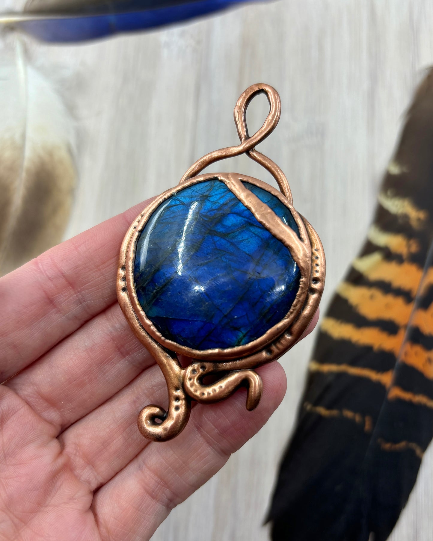 Blue Labradorite Swirly Pendant - Copper Electroformed