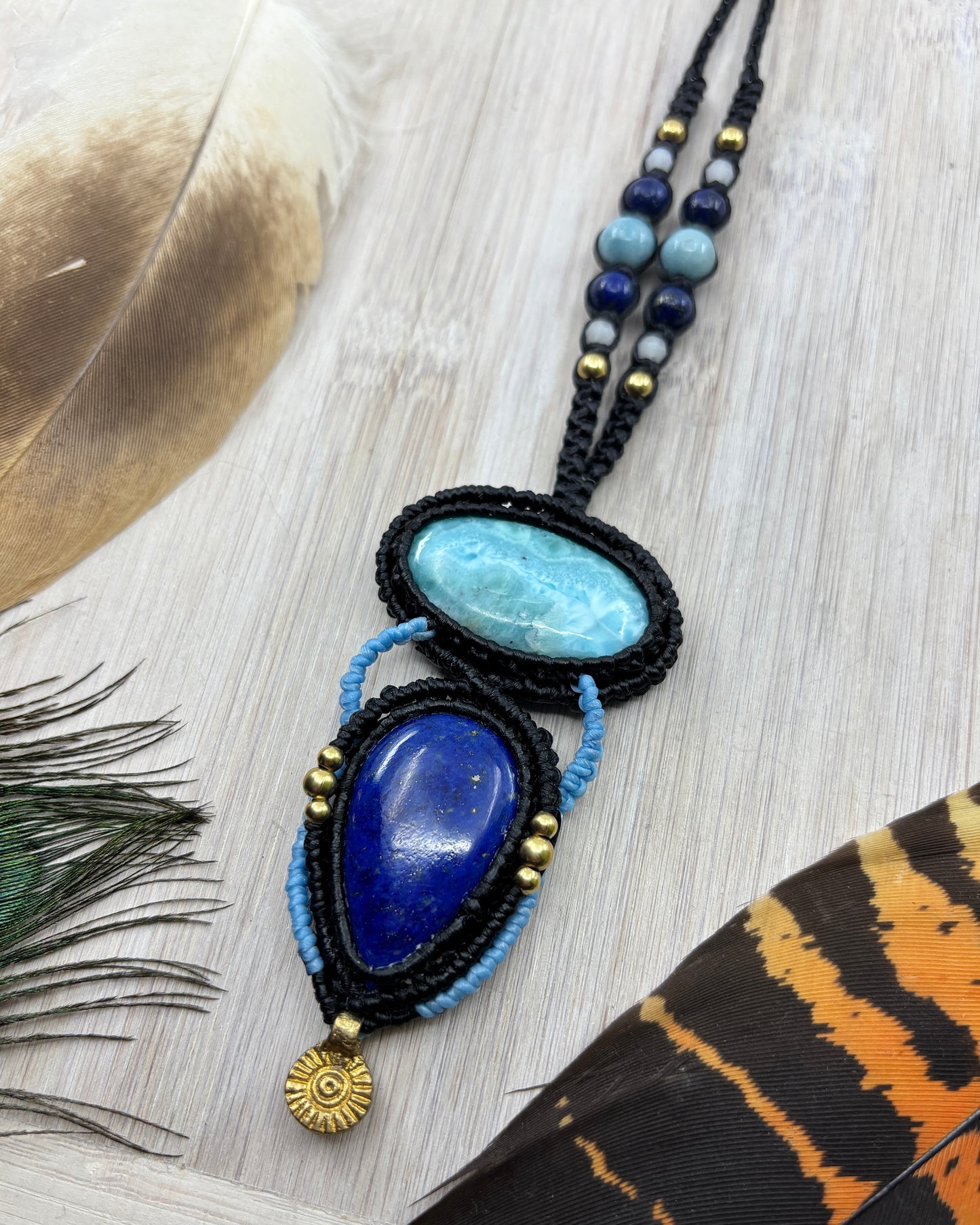Lapis Lazuli and Larimar Macrame Amulet Pendant