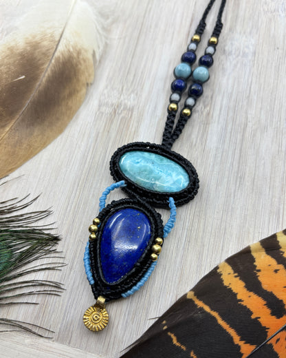Lapis Lazuli and Larimar Macrame Amulet Pendant