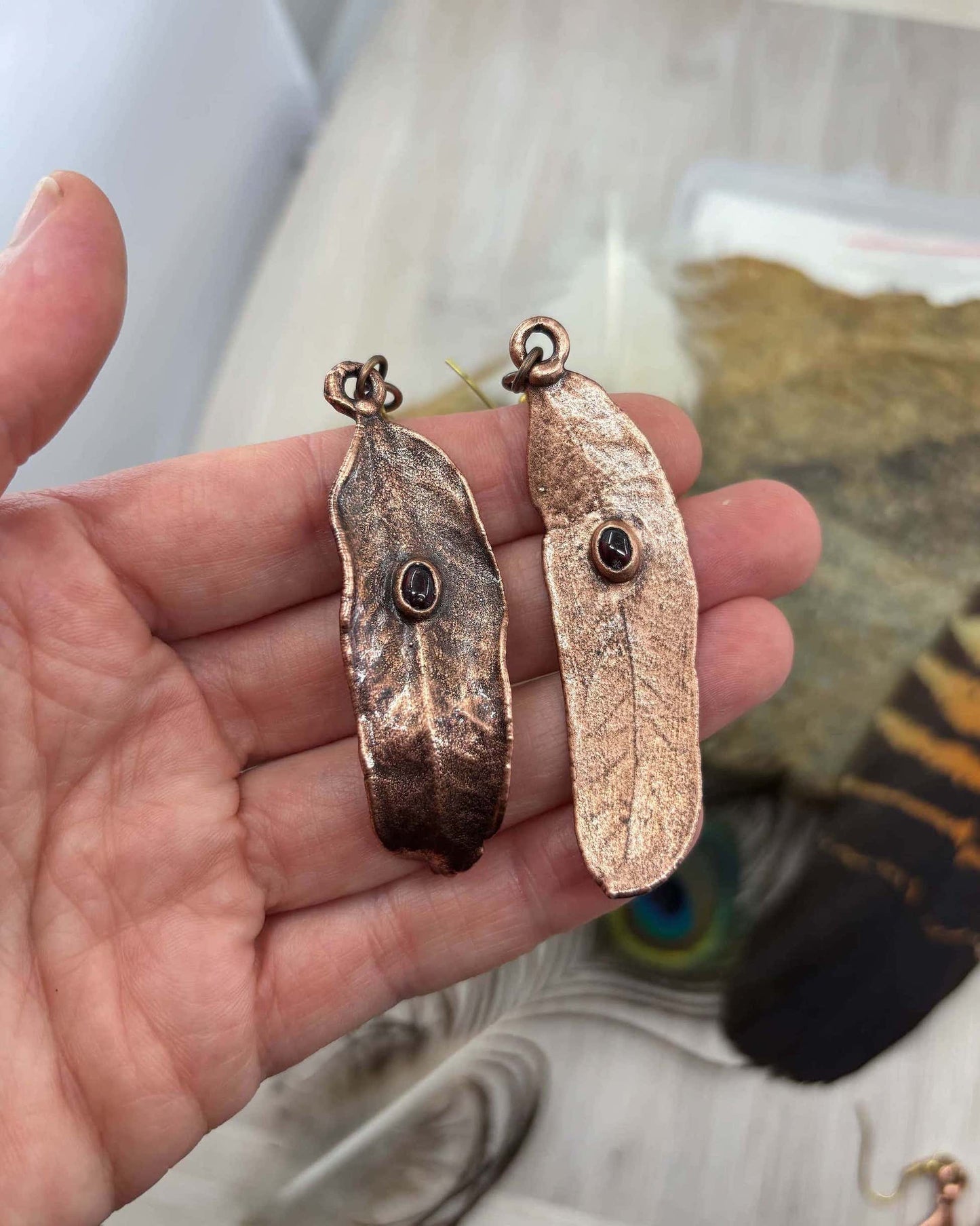 Garnet Real Gumtree Leaf Earrings - Copper