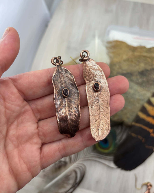 Garnet Real Gumtree Leaf Earrings - Copper