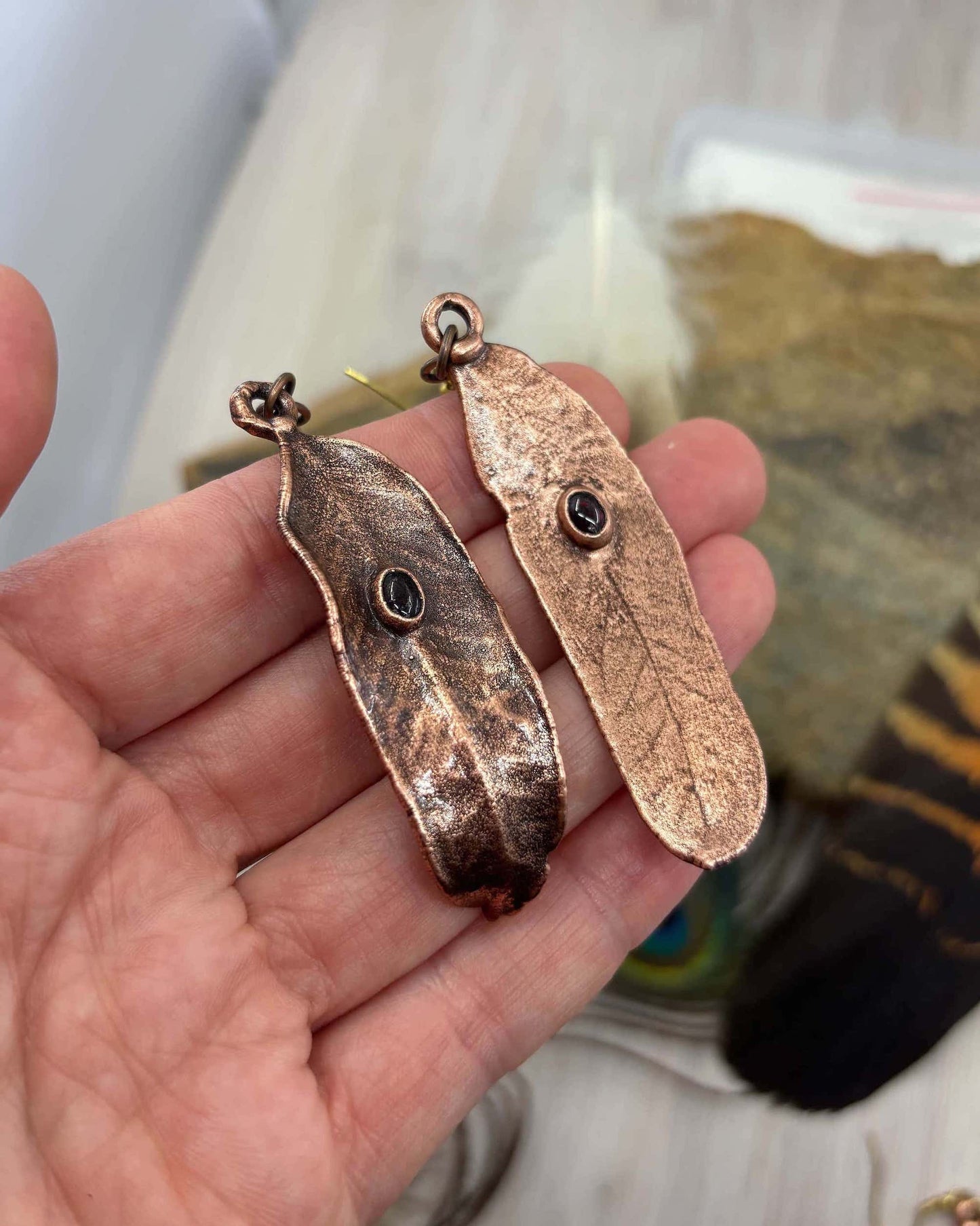 Garnet Real Gumtree Leaf Earrings - Copper