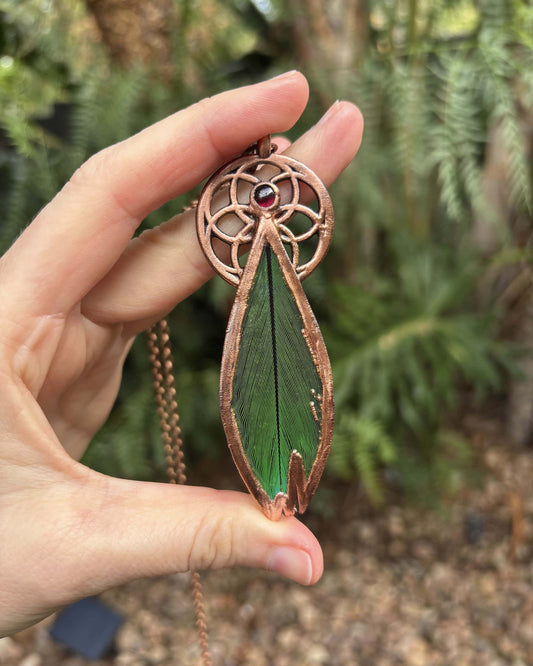 Seed Of Life with Garnet - Green Feather Copper Necklace