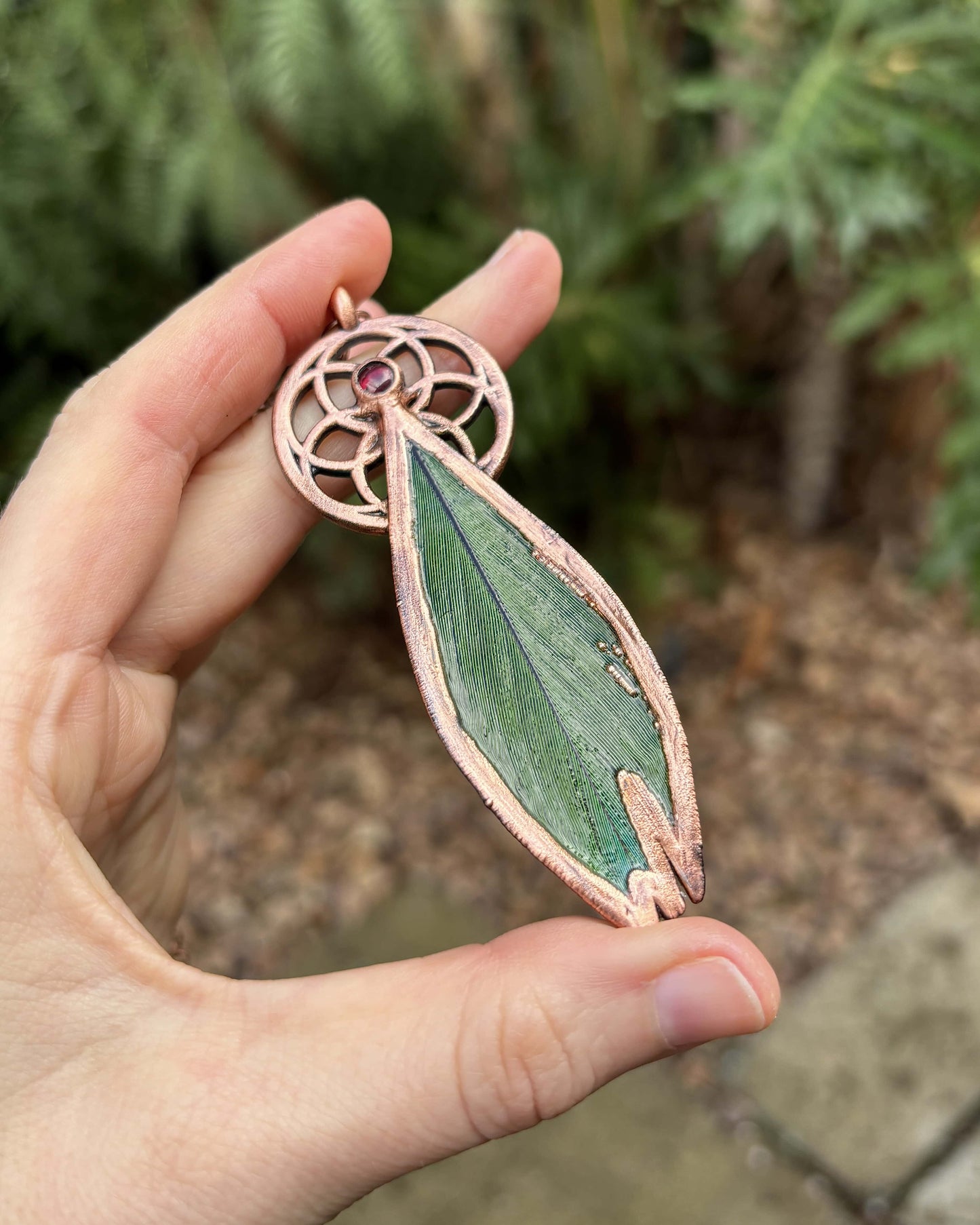 Seed Of Life with Garnet - Green Feather Copper Necklace