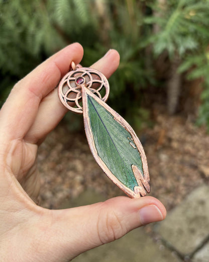 Seed Of Life with Garnet - Green Feather Copper Necklace