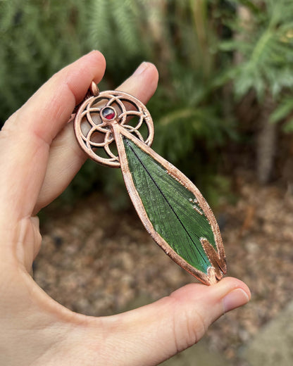 Seed Of Life with Garnet - Green Feather Copper Necklace