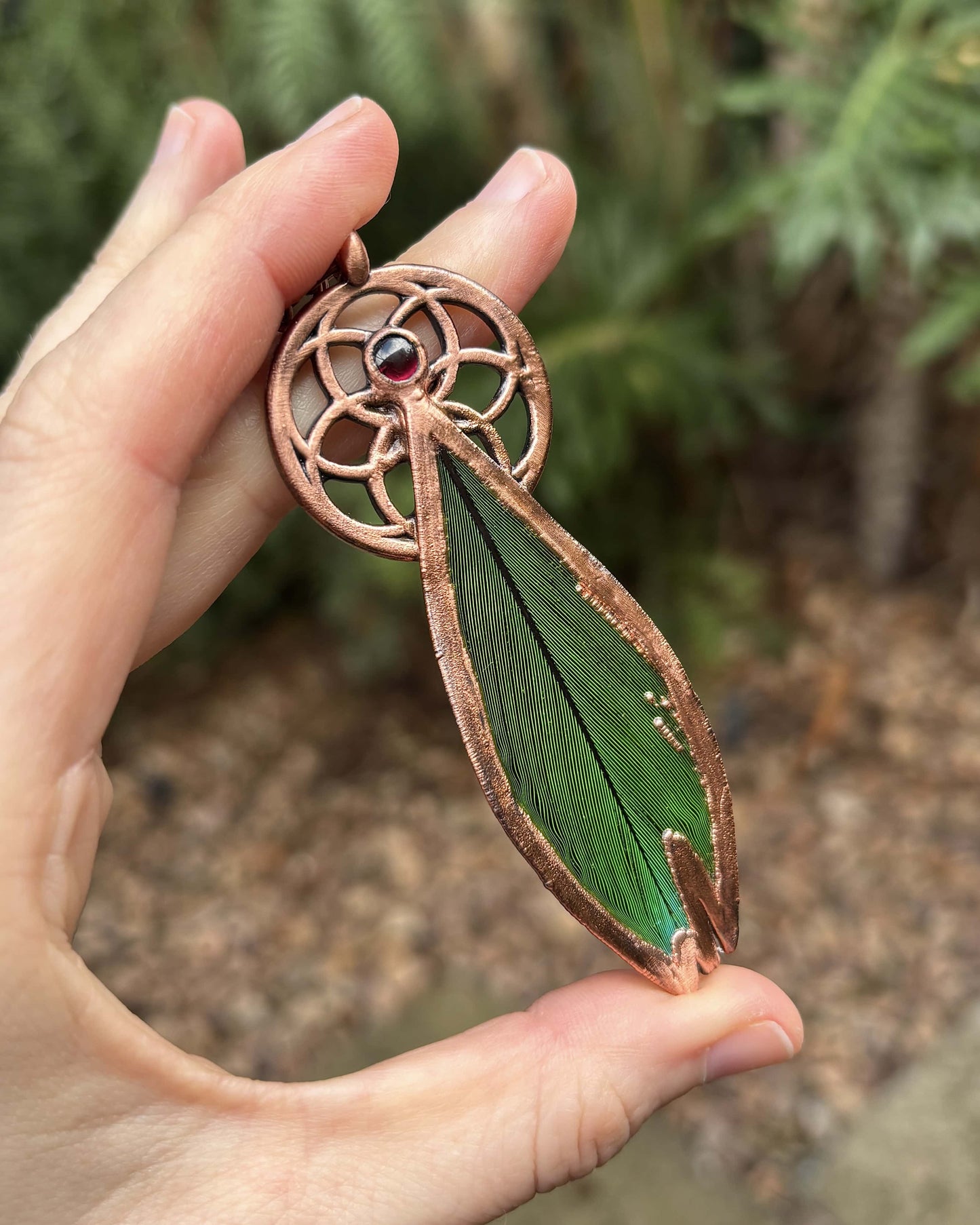 Seed Of Life with Garnet - Green Feather Copper Necklace