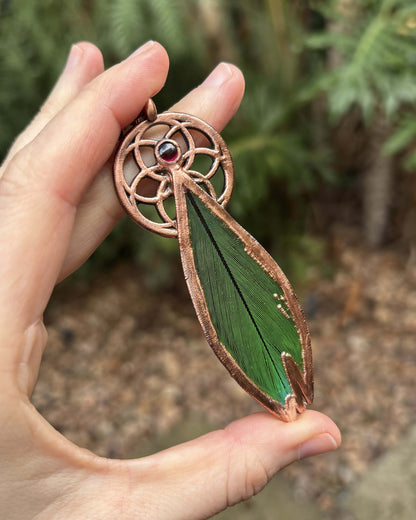 Seed Of Life with Garnet - Green Feather Copper Necklace