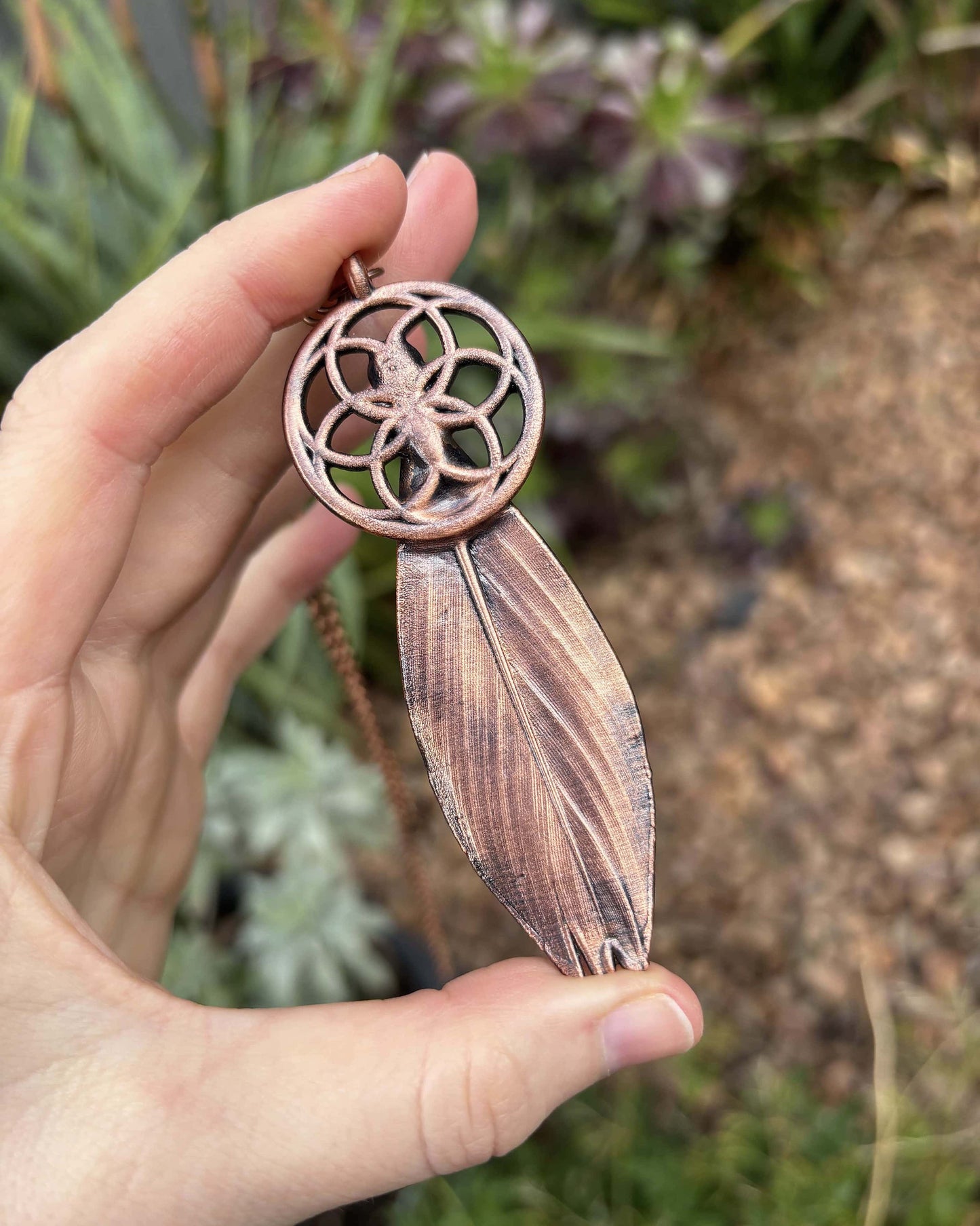 Seed Of Life with Garnet - Green Feather Copper Necklace