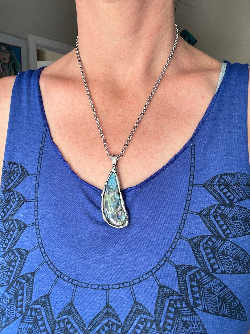 Aqua Multi Colour Labradorite Necklace - Soft Soldered Tiffany Technique