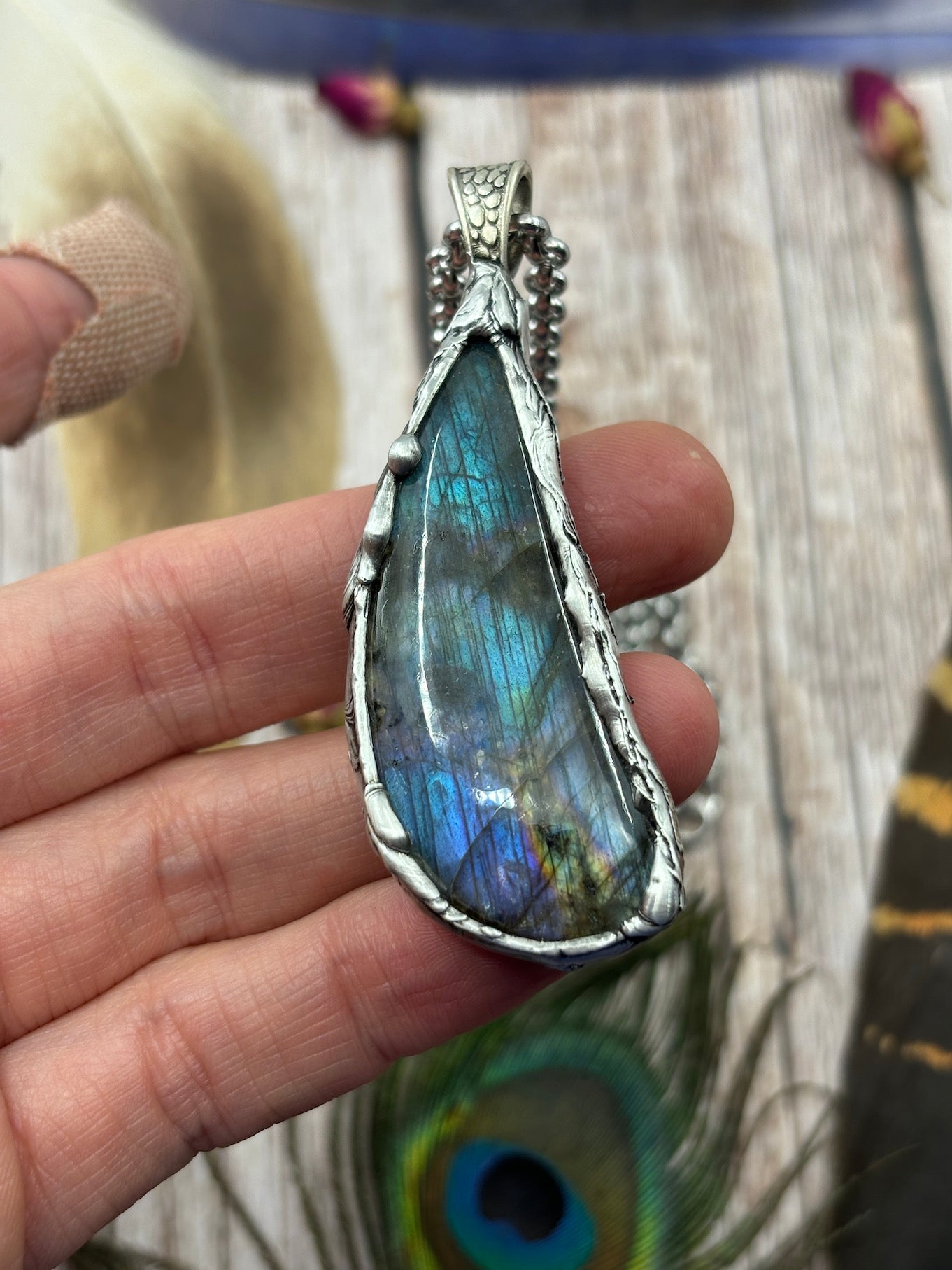 Aqua Multi Colour Labradorite Necklace - Soft Soldered Tiffany Technique