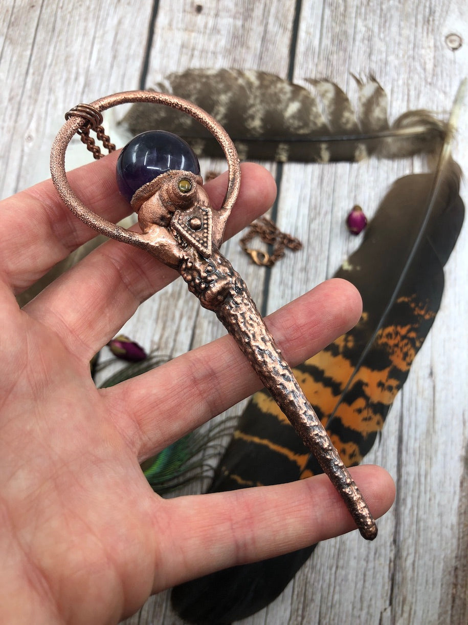 REAL Tree Twig Jewellery with Amethyst Crystal Ball & Tiger Eye - electroformed