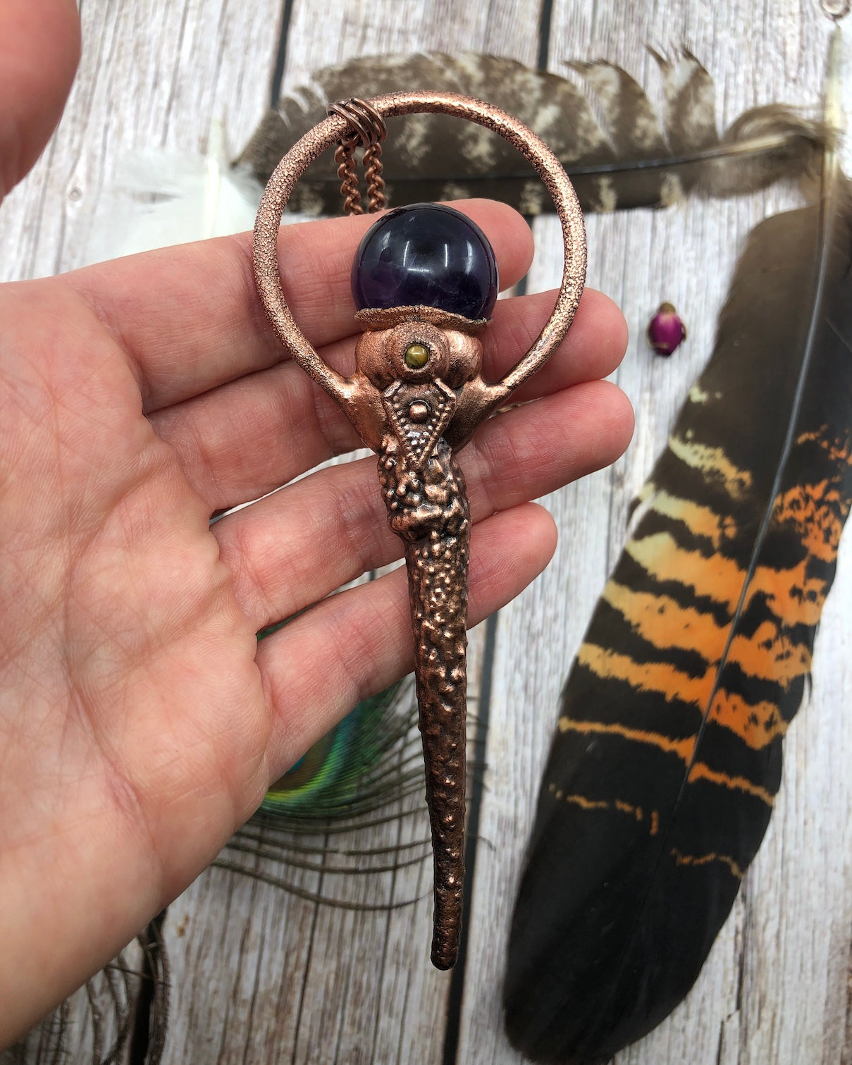 copper twig jewellery with amethyst crystal ball and a small tiger eye - electroformed