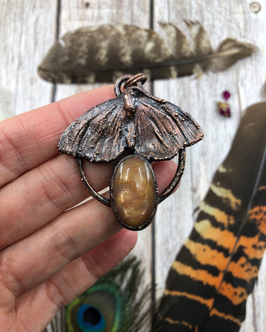 REAL Moth Pendant with Sunstone - copper Electroformed