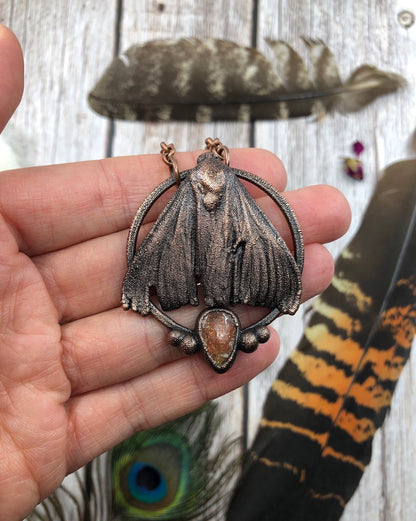 REAL Moth Pendant with Sunstone - Copper Electroformed