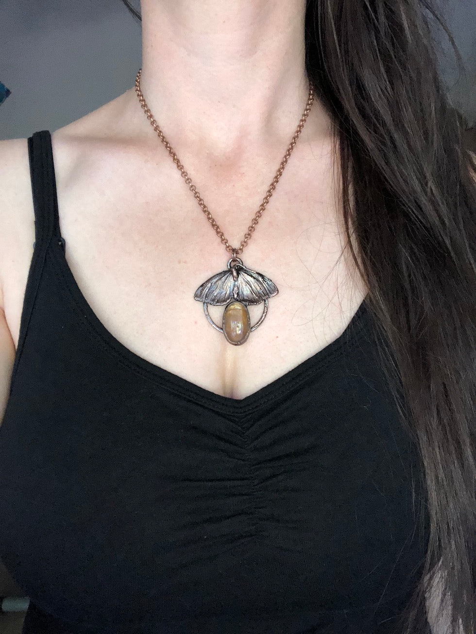 REAL Moth Pendant with Sunstone - Electroformed