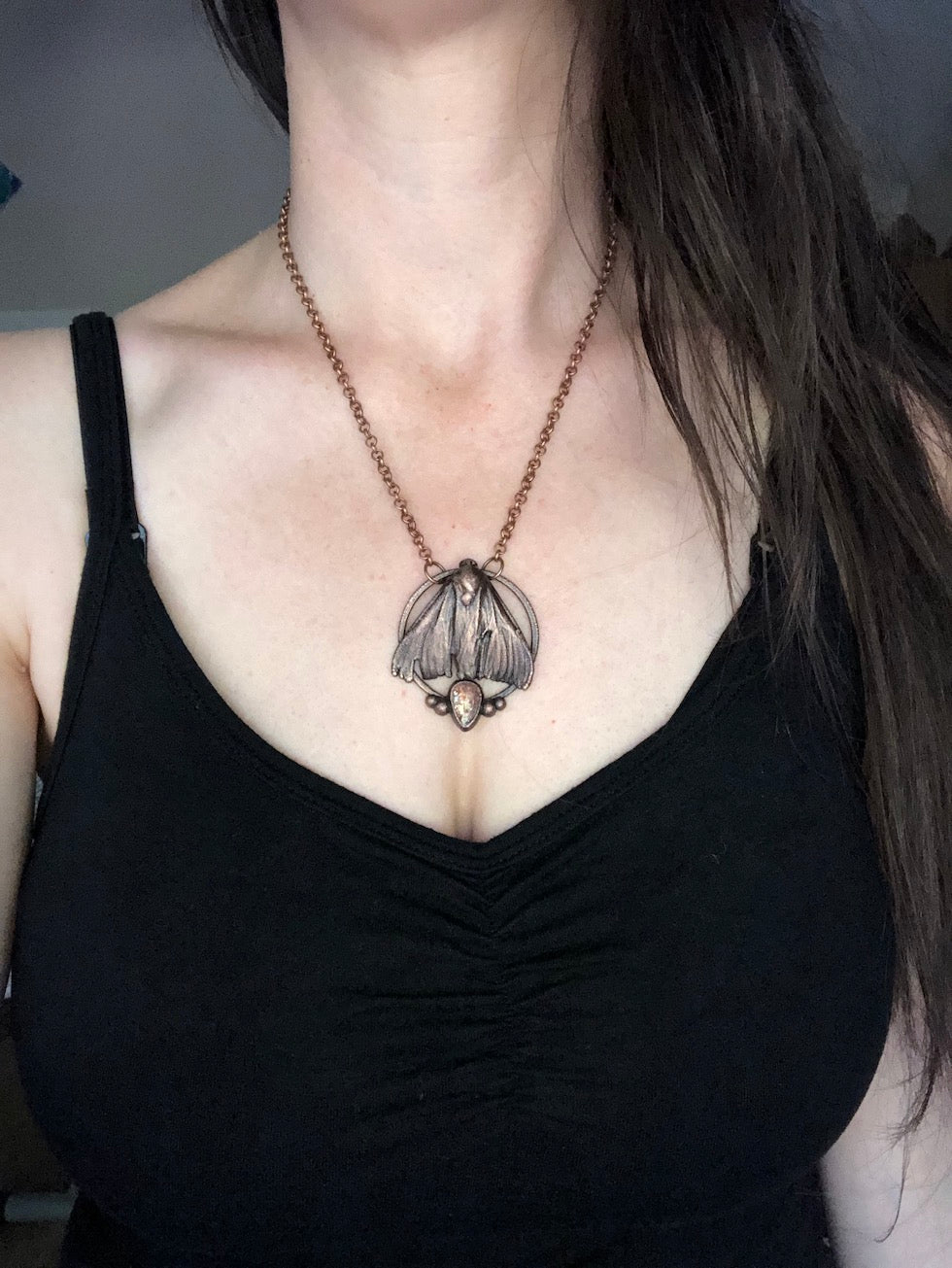 REAL Moth Pendant with Sunstone - Copper Electroformed