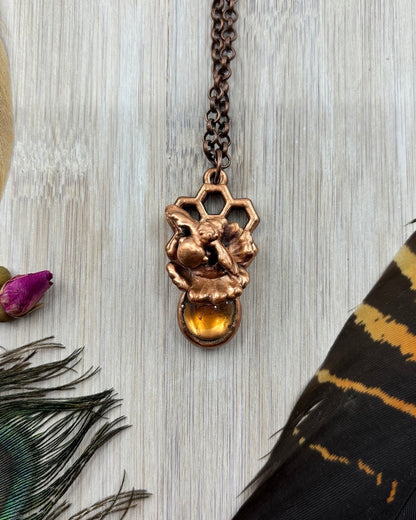 REAL Bee & REAL Flower Pendant With Copper Backed Citrine - Copper Electroformed