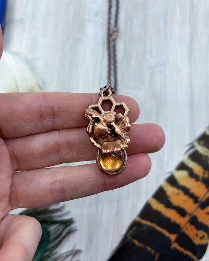 REAL Bee & REAL Flower Pendant With Copper Backed Citrine - Copper Electroformed