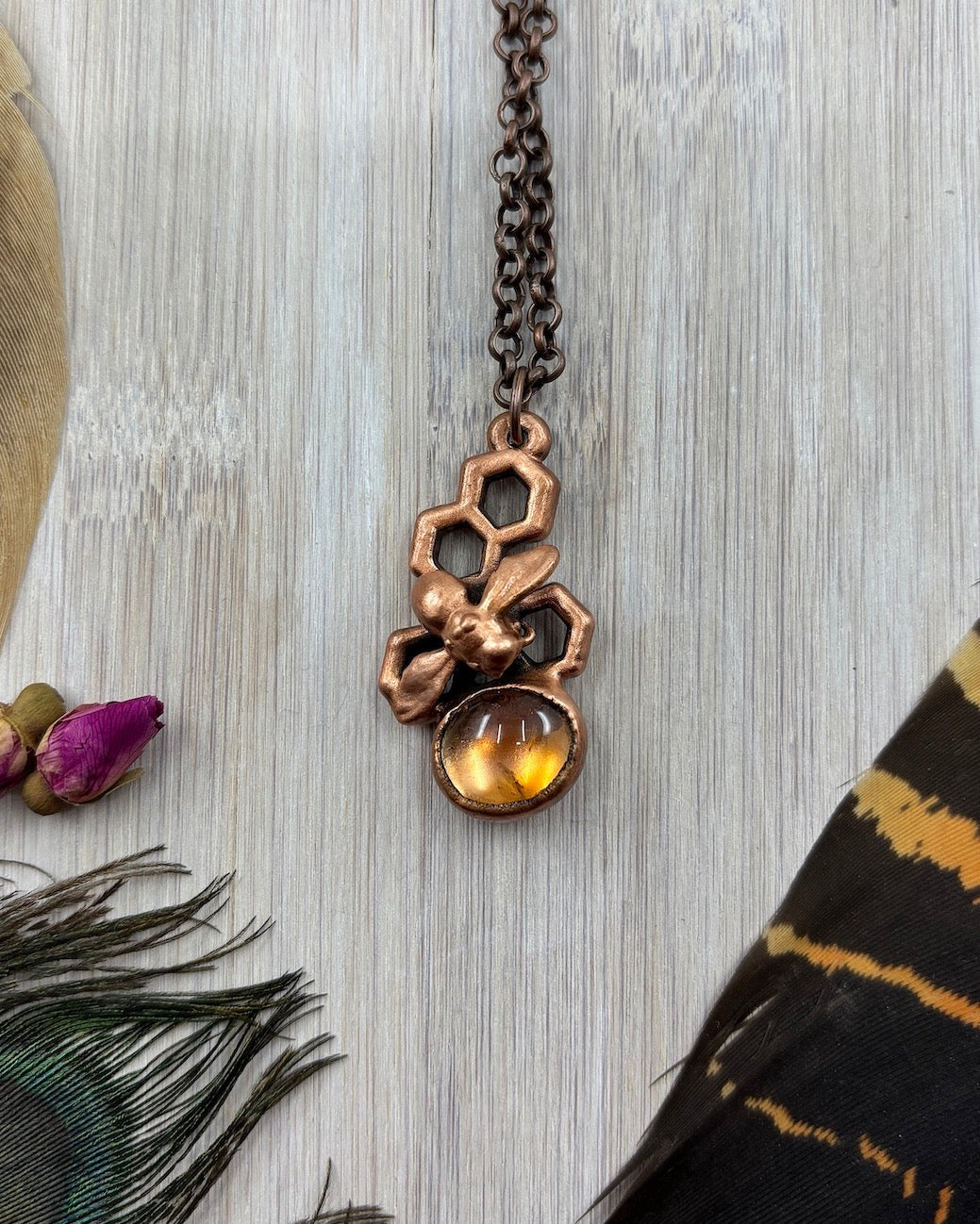 REAL Bee Pendant With Copper Backed Citrine - Copper Electroformed