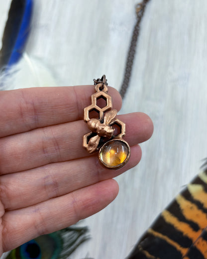 REAL Bee Pendant With Copper Backed Citrine - Copper Electroformed