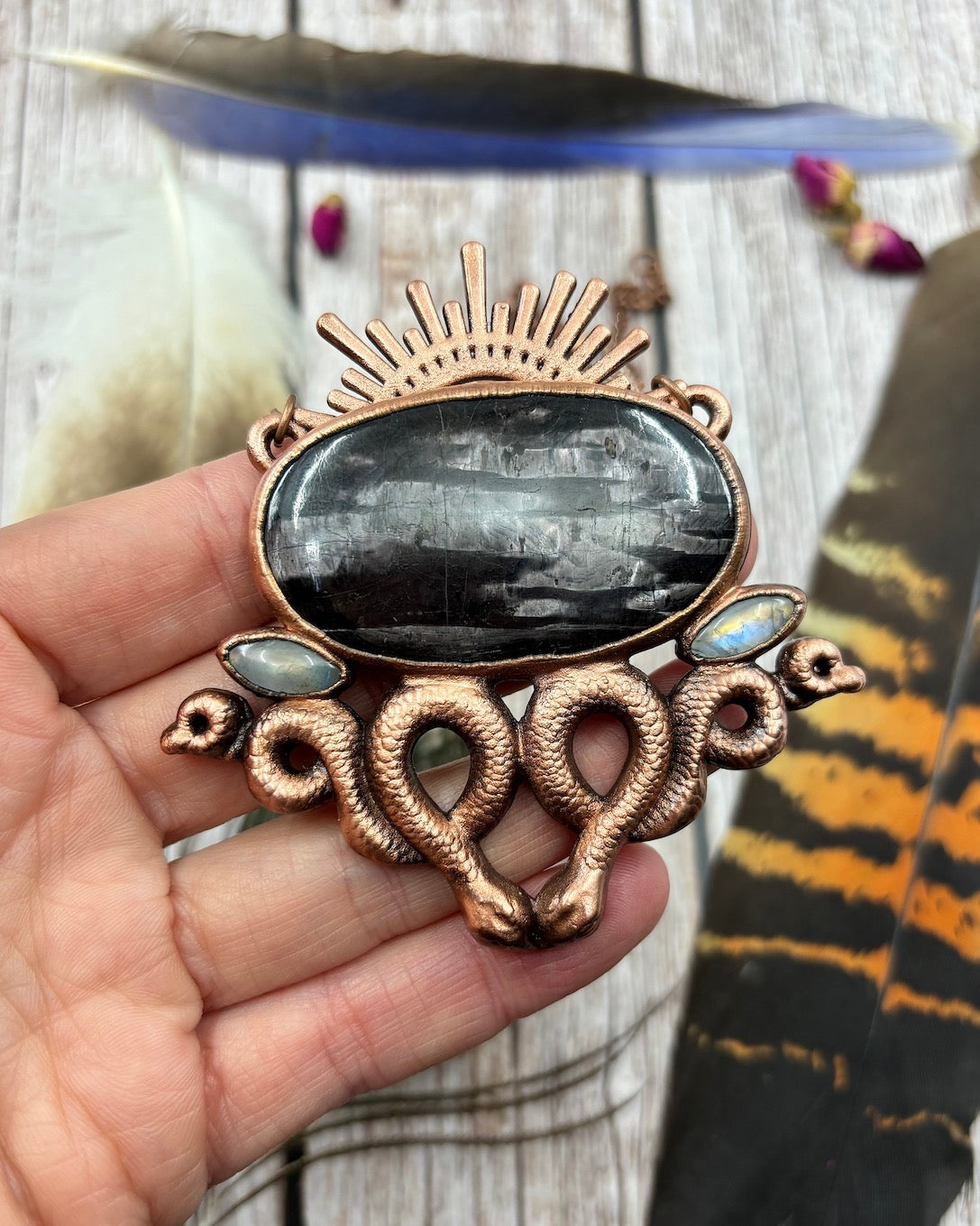 large hypersthene, two rainbow moonstone and double snake copper pendant with sun on top, electroformed 